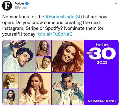 Nominations Open For Forbes 30 Under 30